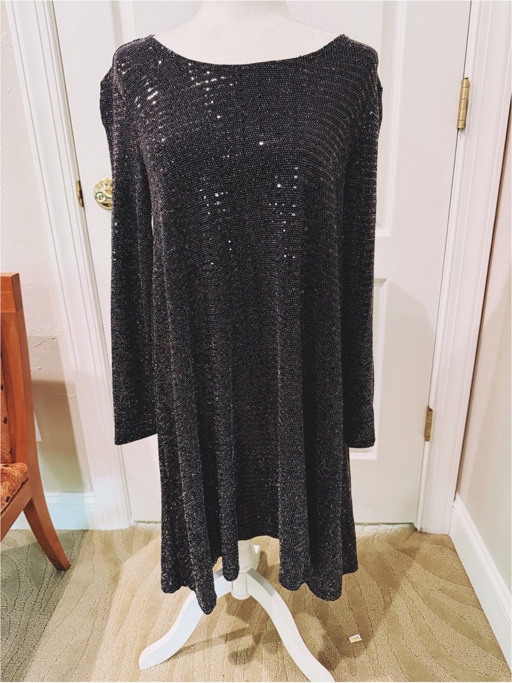 Joan Vass Black Sparkle Long Sleeve Baby Doll Dress, Size M